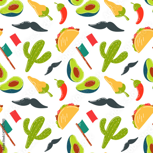 Mexican food, background with Mexican motifs, traditions and Mexican food. Mexican pattern, seamless avocado pattern, flag, cactus, pepper chili, tacos and mustache.
