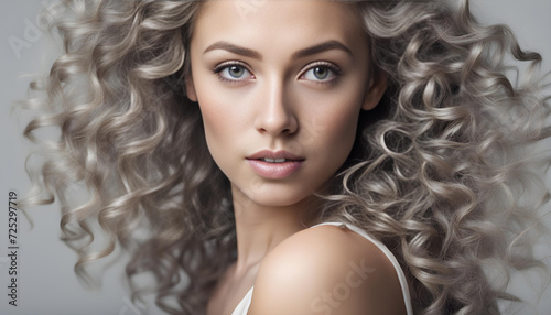 Portrait of a beautiful young woman with long gray curly hair. Grey background