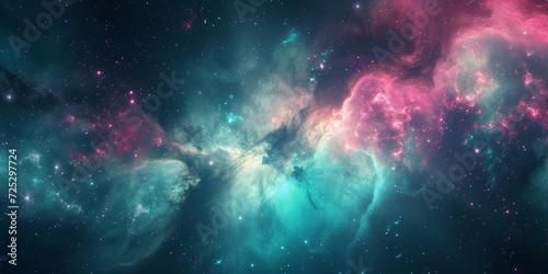 Interstellar nebula dust, with luminous particles and swirls in vibrant pink and turquoise