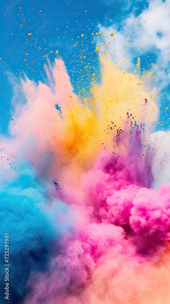 Bright explosion of colored smoke against the sky, the concept of the Holi festival.