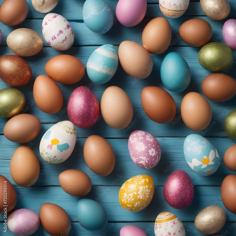 Generative AI of tasty easter eggs on wooden blue table