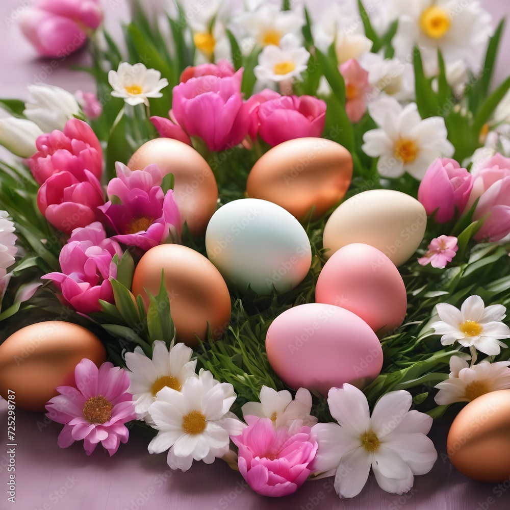 Beautiful colourful floral design with easter eggs and pink and white flowers, easter backdround image,