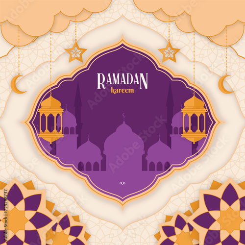 Ramadan Kareem design with mosque silhouettes lanterns moon stars and ornate patterns in shades of purple gold and beige