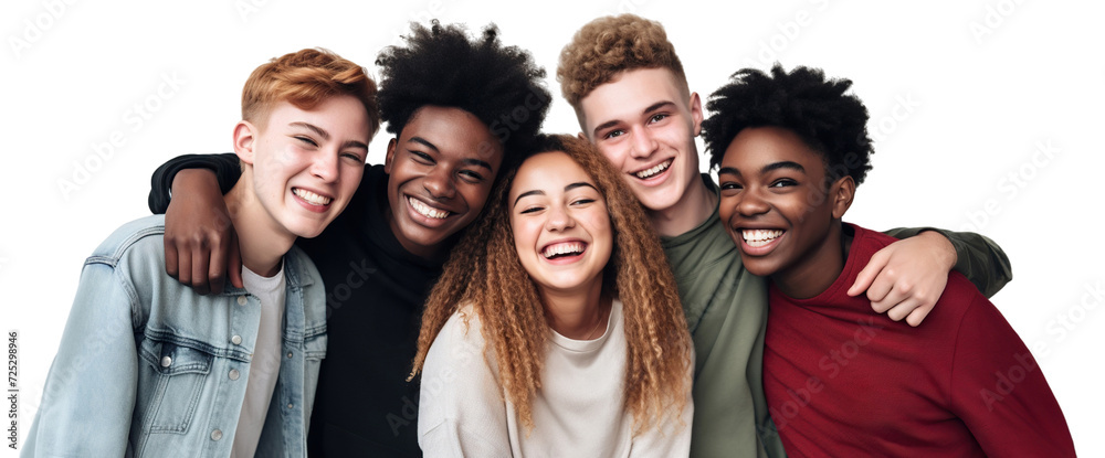 Obraz premium Hugging happy freshmen students of different nationalities, best friends, cut out. Multiracial concept