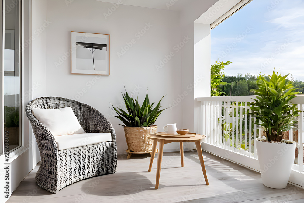 modern small place with cozy one armchair with table in veranda. A Small plant pot. White walls. Full relaxing place