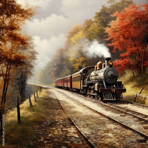 Steam locomotive in the autumn forest