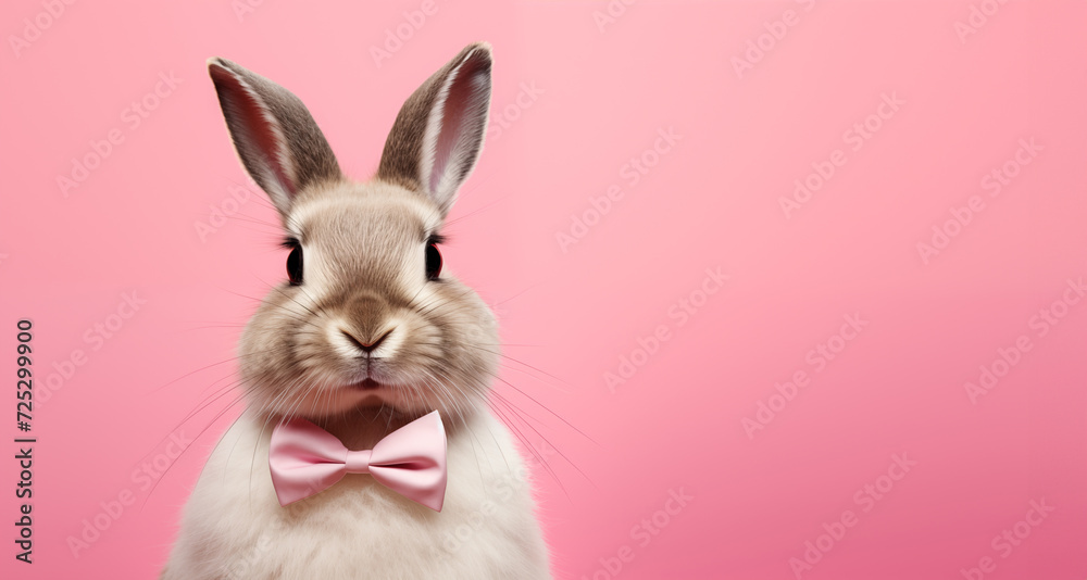 cute bunny with a pink bow on a pink background with space for text