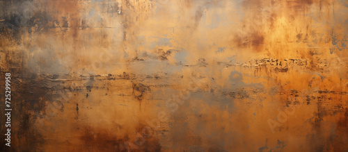 Distressed painted surface. Gold, brown, black antique and aged metal, wall. Vintage texture backdrop