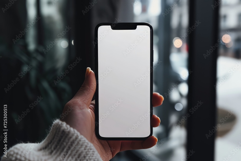 Mockup image of a hand holding a smartphone with a white screen in a cafe