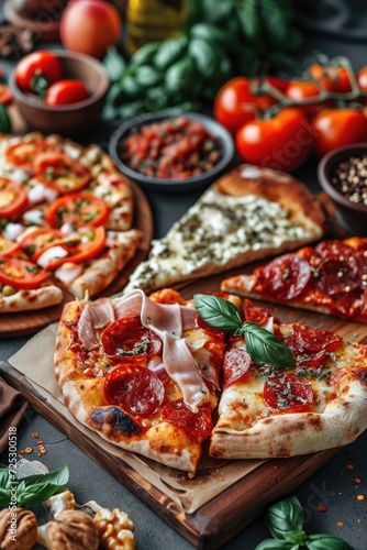 Pizza with salami, mozzarella cheese, tomatoes and basil on wooden board