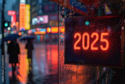 Neon sign showing 2025 on rainy city street with pedestrians. Urban future.