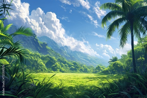 Green meadow with coconut trees and blue sky.