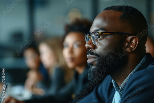 Focused man participates in business meeting with colleagues. Professional teamwork.