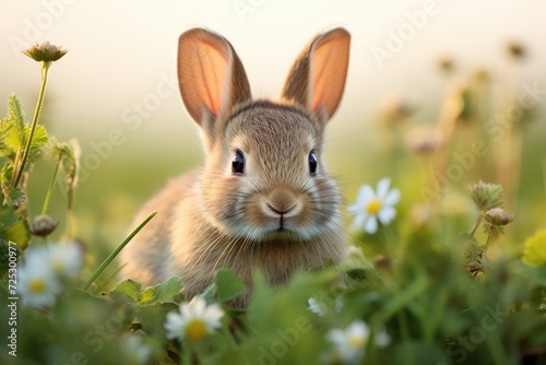 Cute little rabbit sitting in the grass with daisies.