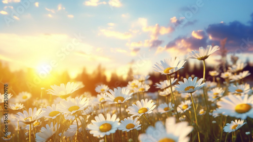 Chamomile field flower with beautiful mountain sky and sunlight.