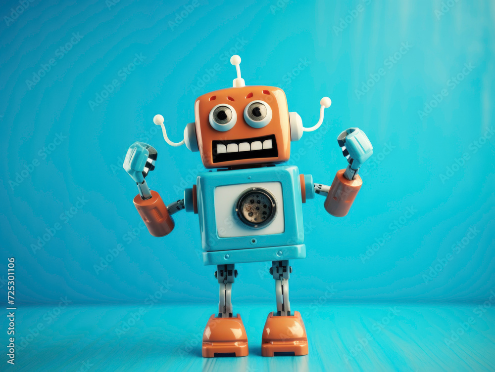 Fototapeta premium Smiling robot on blue background 