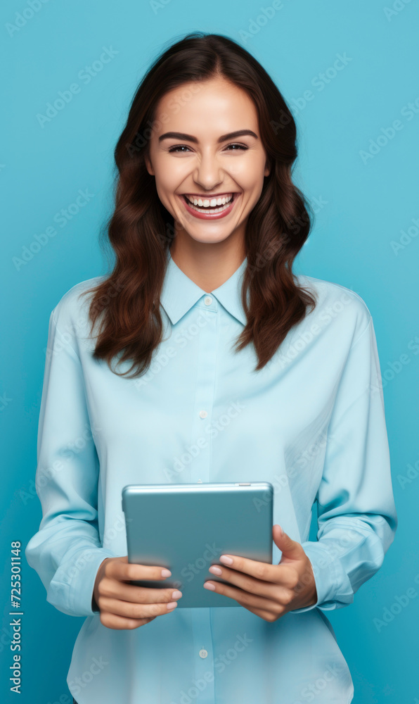 Business Caucasian Woman Worker Smiling and Holding Digital Tablet: Professional Standing Over Blue Background Business Caucasian Woman Worker Smiling and Holding Digital Tablet: Professional Standing Over Blue Background
