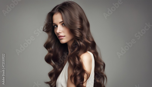 Portrait of beautiful young woman with long wavy hair. Back view.