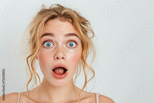 Surprised young woman with wide eyes and open mouth on plain background. Human expressions.