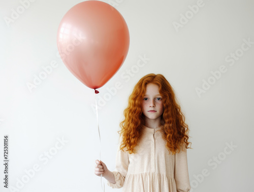 Caucasian woman holding red balloon on white background. 