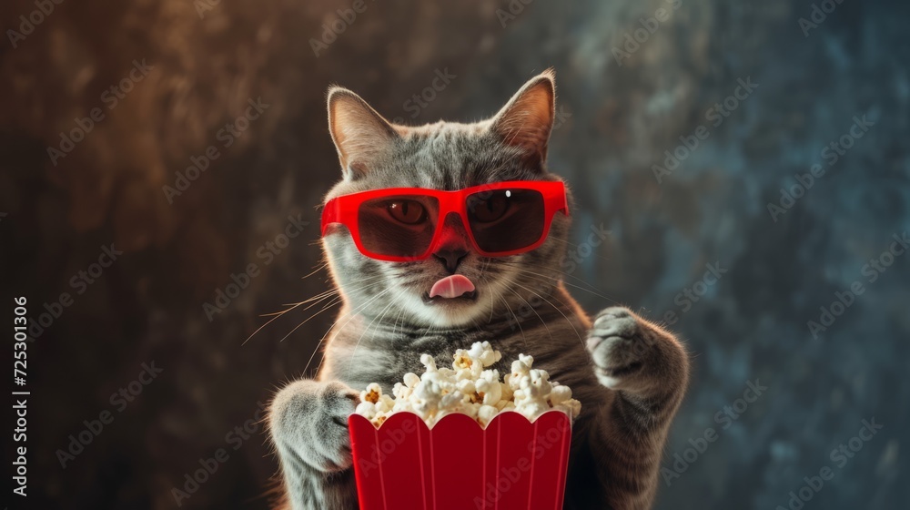 cat wearing red 3D glasses and holding a large tub of popcorn on a dark background with copy space
