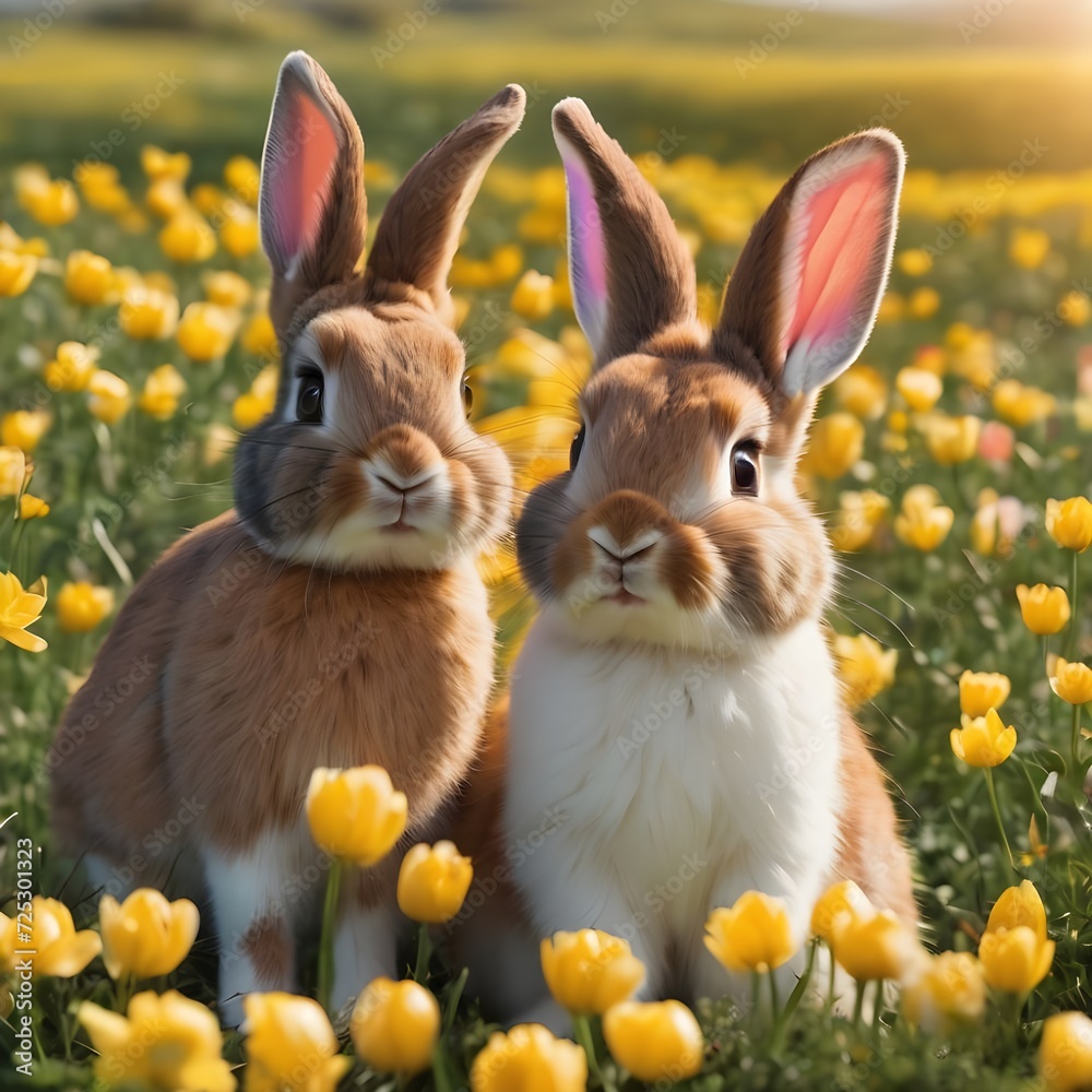 Easter bunnies on a sunny flower meadow with colorful eggs