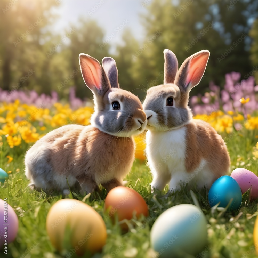 Easter bunnies on a sunny flower meadow with colorful eggs Easter bunnies on a sunny flower meadow with colorful eggs