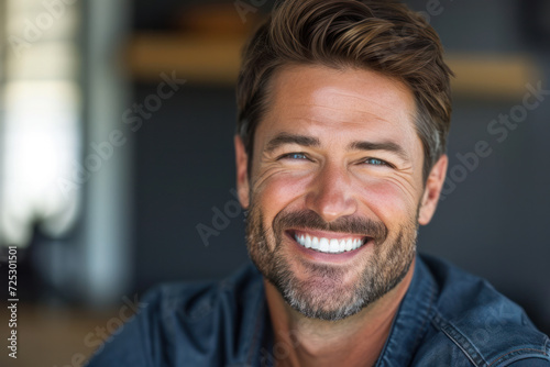 Confident man smiling casually in modern environment. Professional portrait.