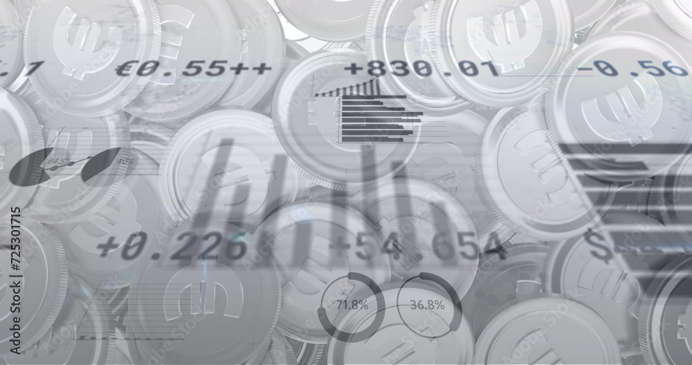 Image of financial data processing over euro currency coins Image of financial data processing over euro currency coins