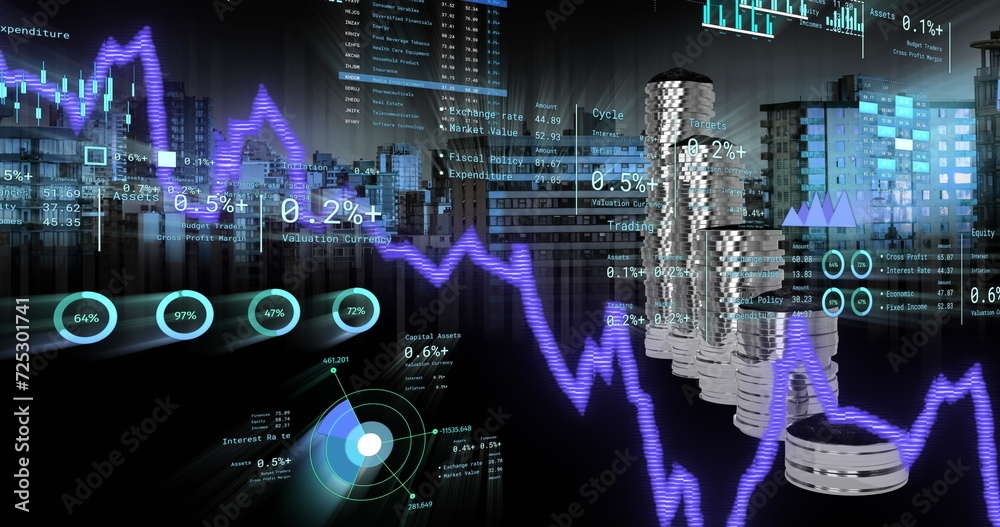 Naklejka premium Image of financial data processing over stacks of coins and cityscape