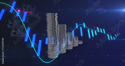 Image of financial data processing over stacks of coins