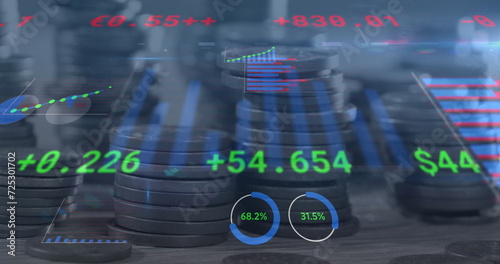 Image of financial data processing over stacks of coins