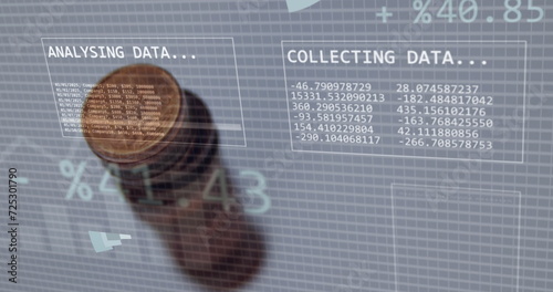 Image of financial data over coins