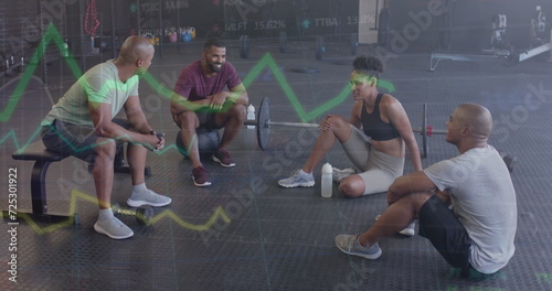 Image of data processing on graph over diverse fitness group sitting talking at gym