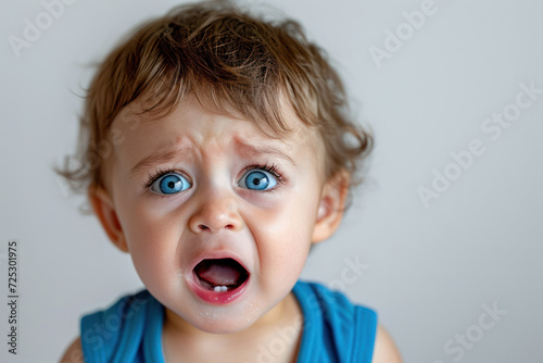 Toddler with surprised expression on neutral background. Child emotions.