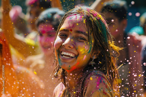 Woman celebrating Holi festival with vibrant colored powders. Cultural tradition.