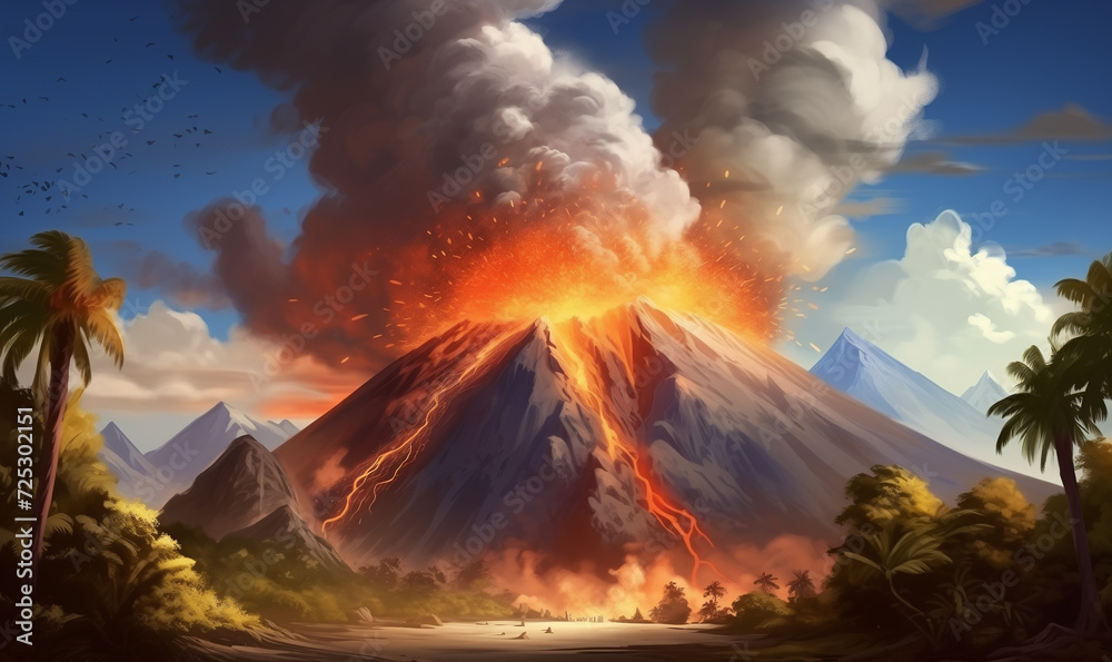 Powerful daytime volcano eruption. Big explosion Illustration