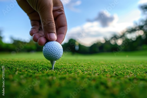 Golf ball on green grass ready to be hit by golf player