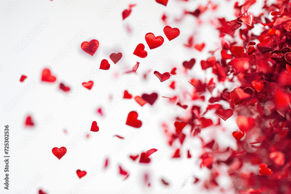 Valentine's Day background with red hearts and petals. Seasonal celebration and decoration.