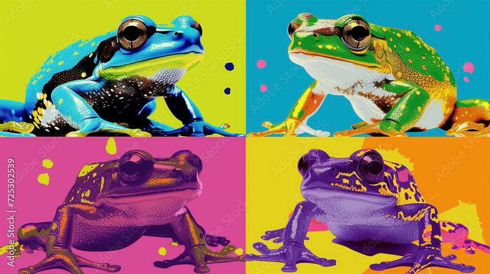 Pop art-style frogs in bold colors. Pop art-style frogs in bold colors.