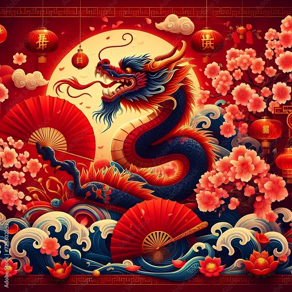 2024 Chinese New Year Banner: Abstract Art with Oriental Dragon and folding paper fans on red background. Lunar New Year Celebration Card Design 2024 Chinese New Year Banner: Abstract Art with Oriental Dragon and folding paper fans on red background. Lunar New Year Celebration Card Design