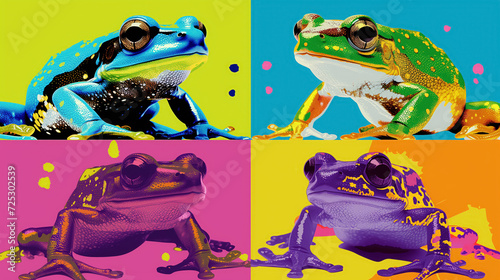 Pop art-style frogs in bold colors.