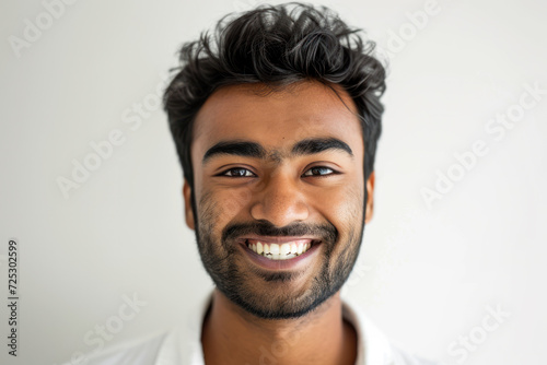 Joyful young man with beaming smile against plain background. Positive human expressions.