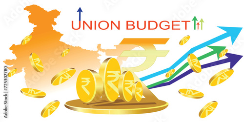 Indian Union Budget  India economy  finance icon  Indian rupee coin with Indian map vector illustration  typography 