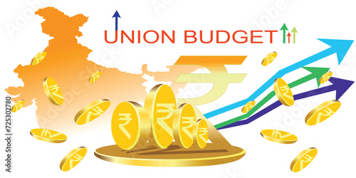 Indian Union Budget, India economy, finance icon, Indian rupee coin with Indian map vector illustration, typography	