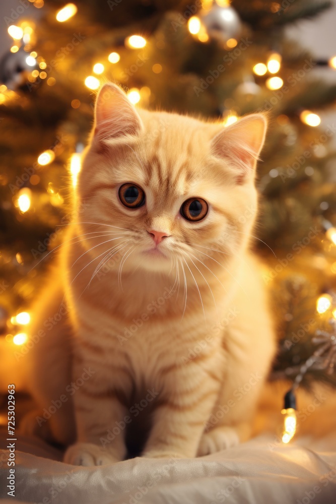 A cute orange cat sitting in front of a Christmas tree. Generative AI.