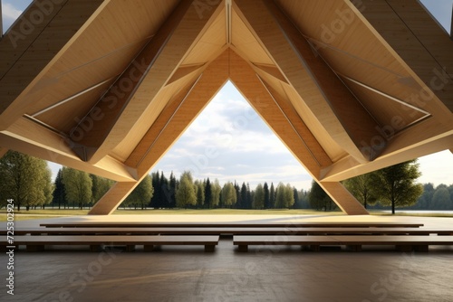 A wooden pavilion with benches in the middle. Generative AI. photo