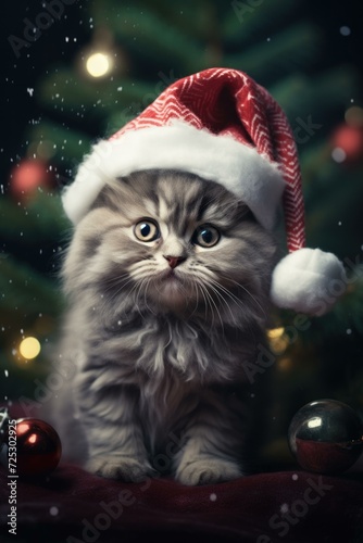 A cute kitten in a Santa hat perched on a Christmas tree. Generative AI.