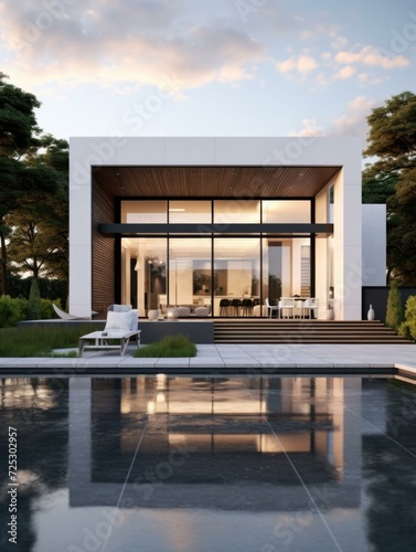 A sleek and modern villa with a minimalist design, featuring a white, gray, and black color palette. Height of 9 meters. Generative AI. © Natalia