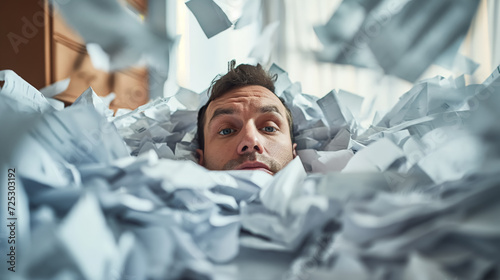 Man overwhelmed by a sea of crumpled papers.